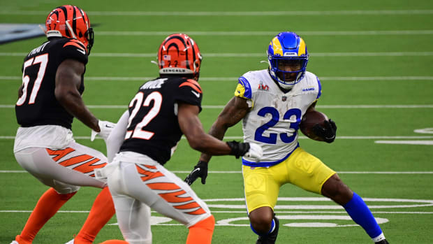 Feb 13, 2022; Inglewood, California, USA; Los Angeles Rams running back Cam Akers (23) runs with the ball against the Cincinnati Bengals in Super Bowl LVI at SoFi Stadium. Mandatory Credit: Gary A. Vasquez-USA TODAY Sports